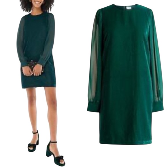 J. Crew Factory NWT Forest Green Velvet Holiday Party Shear Sleeve Mini Dress - Picture 14 of 14